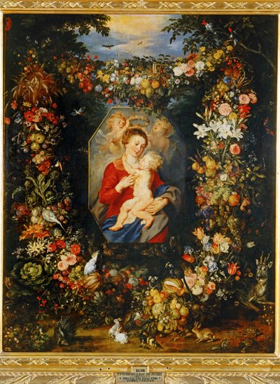 Maryja Dziewica z Dzieciątkiem w wieńcu z kwiatów i owoców ... autorstwa Peter Paul & Brueghel Jan (1601 78) Rubens