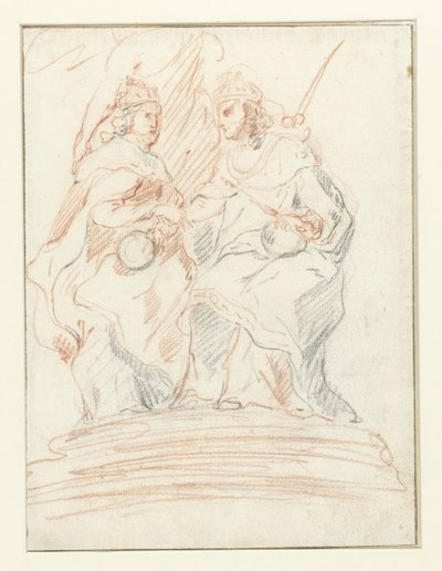 Król i królowa na tronie, za nimi stoi Fama Chrystus i Maryja autorstwa Peter Paul Rubens (possibly)