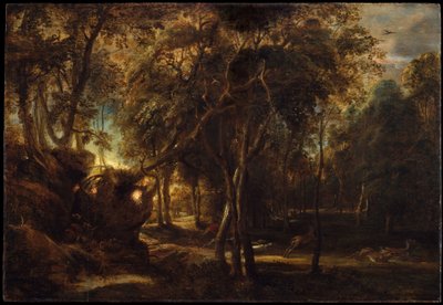Las o świcie z polowaniem na jelenie, ok. 1635 autorstwa Peter Paul Rubens