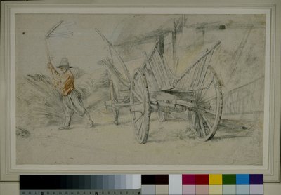 Mężczyzna młócący obok wozu, za nim zabudowania gospodarcze autorstwa Peter Paul Rubens