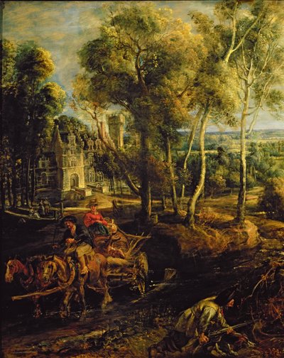 Jesienny pejzaż z widokiem na Het Steen wczesnym rankiem, ok. 1636 olej na płycie, detal z 211075 autorstwa Peter Paul Rubens