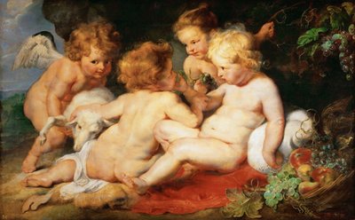 Chrystus i Jan Chrzciciel jako dzieci z dwoma aniołami - Pieter Paul Rubens (1577-1640). Olej na drewnie, ok. 1615-1620. Wymiar : 76,5x122,3 cm. Muzeum Historii Sztuki, Wiedeń autorstwa Peter Paul Rubens