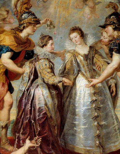 Wymiana dwóch księżniczek Francji i Hiszpanii na rzece Bidassoa w Hendaye, 11.09.1615 Alegoryczne przedstawienie małżeństwa Anny Austrii i Ludwika XIII z jednej strony, między Izabelą Francuską (1602-1644) a Filipem IV z drugiej strony autorstwa Peter Paul Rubens