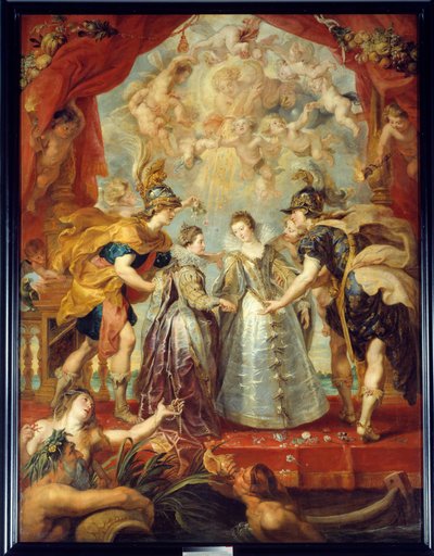 Wymiana dwóch księżniczek Francji i Hiszpanii na rzece Bidassoa w Hendaye, 11.09.1615 Alegoryczne przedstawienie małżeństwa Anny Austrii i Ludwika XIII z jednej strony, między Izabelą Francuską (1602-1644) a Filipem IV z drugiej strony autorstwa Peter Paul Rubens