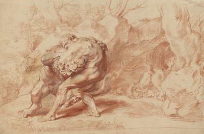Herkules duszący lwa nemejskiego, ok. 1620 (czerwona, żółta i czarna kreda, pędzel, czerwony tusz i gwasz na papierze) autorstwa Peter Paul Rubens
