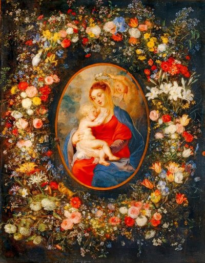 Dziewica, Dzieciątko Jezus i anioły pośrodku wianka z kwiatów autorstwa Peter Paul Rubens