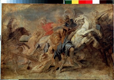 Polowanie na lwa. Obraz Petera Paula (Pierre-Paul) Rubensa (lub Peter Paul lub Petrus Paulus) (1577-1640). Olej na drewnie, wym: 43 x 64 cm, ok. 1621. Sztuka flamandzka, styl barokowy. Muzeum Ermitażu w Sankt Petersburgu. autorstwa Peter Paul Rubens