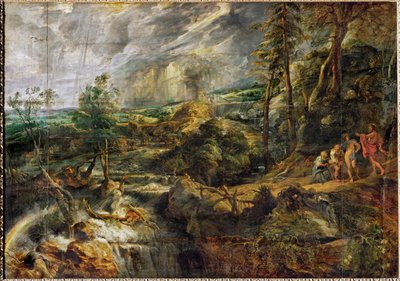 Pejzaż z burzą z Filemonem i Baucis, Jowiszem i Merkurym, ok. 1620 (olej na drewnie) autorstwa Peter Paul Rubens