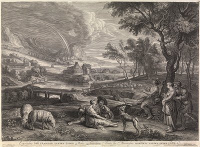 Krajobraz z tęczą i pasterzem (grawerunek) autorstwa Peter Paul Rubens