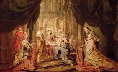 Mary dająca Ildefonso, arcybiskupowi Toledo szatę, z arcyksięciem Albrechtem VII i jego patronką św. autorstwa Peter Paul Rubens