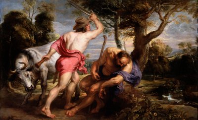""Merkury i Argus"" Zeus polecił Merkuremu uśpić Argusa, strażnika Io, przemienionego w jałówkę przez Herę (Merkury i Argusa) Obraz Pietera Paula Rubensa (1577-1640) 1636-1638 Dim 180x298 cm Museo del Prado, Madryt autorstwa Peter Paul Rubens