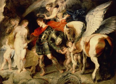 „Perseusz i Andromeda” (Perseusz i Andromeda) Andromeda przykuta do skały jest dostarczana przez Persee w towarzystwie Pagaza. Na jego tarczy głowa Meduzy, którą zabił. Obraz Pierre Paul (Pierre-Paul) Rubens (lub Peter Paul lub Petrus Paulus) (1 autorstwa Peter Paul Rubens