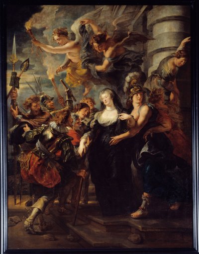 Królowa Maria de Medicis (1573-1642) uciekła z Chateau de Blois w nocy z 21 na 22 lutego 1619. Królowa Francji na wygnaniu w Blois podczas „wojny matki i syna” uciekła do Angouleme. Anioły z pochodniami prowadzą królową właściwą ścieżką. Ból autorstwa Peter Paul Rubens