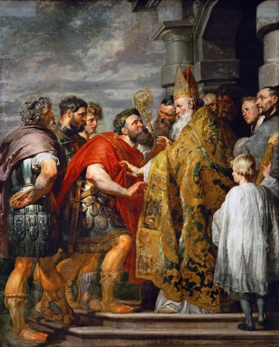 Święty Ambroży z Mediolanu (zm. 397) i cesarz Teodozjusz I Wielki (347-395) - św. Ambroży i cesarz Teodozj I - Pieter Paul Rubens (1577-1640). olej na płótnie, ok. 1615. Wymiary: 362x246 cm. Muzeum Historii Sztuki, Wiedeń autorstwa Peter Paul Rubens