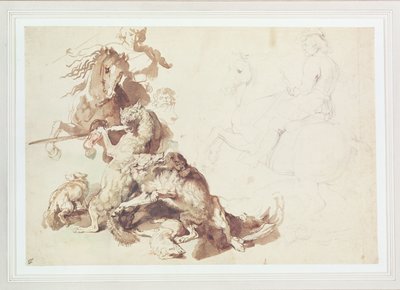Szkic do polowania na wilka (ołówek z akwarelą na papierze) autorstwa Peter Paul Rubens
