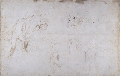 Studia postaci męskiej przywiązanej do drzewa i dwóch głów mężczyzny, ok. 1601 (pióro i atrament na papierze) autorstwa Peter Paul Rubens