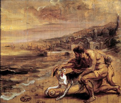 Odkrycie fioletu Fenicjanin znajduje dzięki swojemu psu muszlę (Murex) wytwarzającą czerwoną nalewkę. Wash obraz Pierre Paul (Pierre-Paul) Rubens (lub Peter Paul lub Petrus Paulus) (1577-1640) XVII w. Niedz. 0,28x0,34 m Bayonne, Muzeum Bonnat autorstwa Peter Paul Rubens