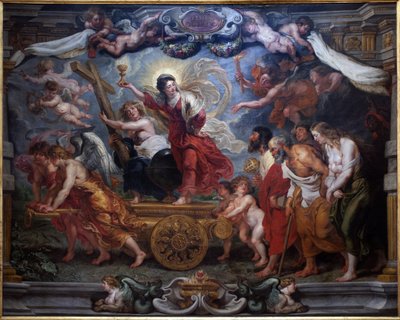Triumf wiary katolickiej. Alegoria triumfu Eucharystii nad naturą, nauką, filozofią i poezją. Kobieta osadzona na zbiorniku trzyma kielich z hostią, symbolem Eucharystii. Aniołowie trzymają symbole Męki Pańskiej: krzyż, koronę autorstwa Peter Paul Rubens
