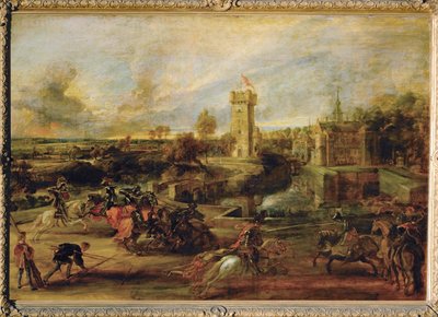 Turniej w pobliżu fosy zamku Steen (obraz na drewnie) autorstwa Peter Paul Rubens
