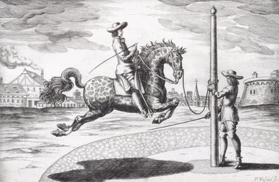 Koń en Capriole z Nowego traktatu o hodowli koni autorstwa Wintersa, Stutereya i Reit-Schula, sztychowany przez artystę, wyd. 1672 grawerowanie autorstwa Peter Paul Troschel