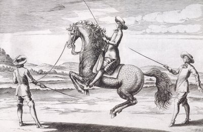Ilustracja konia en Croupade z Nowego traktatu o hodowli koni napisanego przez Wintersa, Stutereya i Reit-Schula, wyd. 1672 autorstwa Peter Paul Troschel