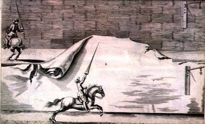 Dwóch kawalerzystów trenujących z kopiami z „Nowego traktatu o hodowli koni” autorstwa Wintersa, Stutereya i Reit-Schula, wyd. 1672 (grawerowanie) autorstwa Peter Paul Troschel