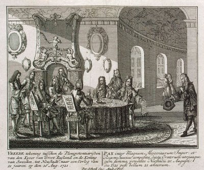 Zawarcie traktatu pokojowego w Nystad 20 sierpnia 1721 r. autorstwa Peter Schenk the Younger