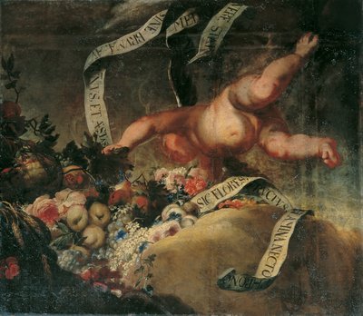 Putto z kwiatami, owocami i banerem autorstwa Peter Strudel