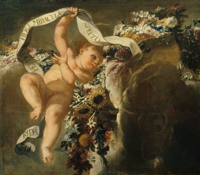 Putto z kwiatowym wątkiem i banerem autorstwa Peter Strudel