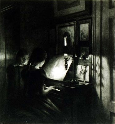 Dziewczyny przy fortepianie (mezzotinta) autorstwa Peter Vilhelm Ilsted