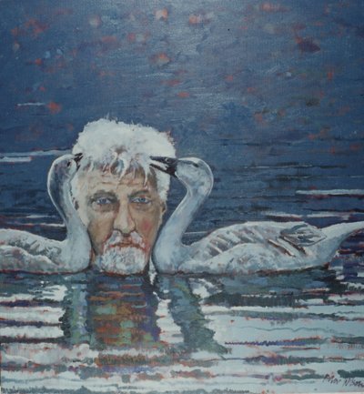 Konrad Lorenz z Goslingami, 2000 (olej na płótnie) autorstwa Peter Wilson