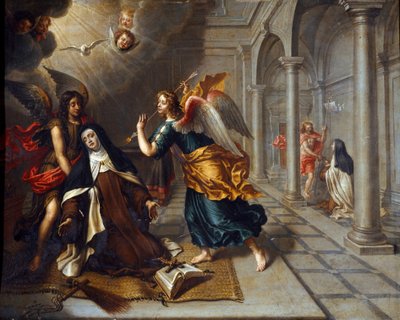 Św. Teresa z Avila (od Dzieciątka Jezus) (1515-1582) spotyka anioła, który przebija serce jego złotej zaszewki Obraz Petera Van Lindta (XVII w.) wym. 85x70 cm Geny, Galleria di Palazzo Bianco autorstwa Peter van Lint