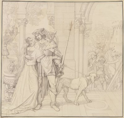 Siedem rysunków na Nibelungach: 4. Zygfryd przygotowany do polowania. 1812-17 autorstwa Peter von Cornelius