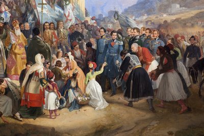 Wjazd greckiego króla Otona I (1815-1876) do Aten, witany przez tłum przed świątynią Hefajstosa (Hefajstosa) (Hefajstosa) lub Tejonu na Agorze (Grecja) autorstwa Peter von Hess