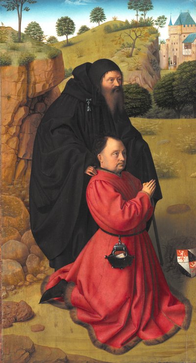 Tablica ołtarzowa z portretem ofiarodawcy w szkarłacie pod opieką św. Antoniego autorstwa Petrus I Christus