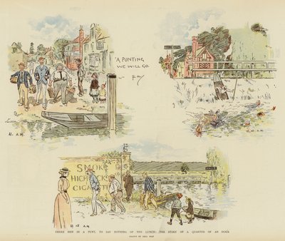 Trzech mężczyzn w pontonie, nie mówiąc już o obiedzie, czyli opowieść o kwadransie (chromolitho) autorstwa Phil May