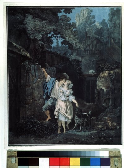 ""Pożegnalny poranek"" (Pożegnalny poranek) Para wyjeżdża wczesnym rankiem. Litografia Philibert Louis Debucourt (1755-1832) 1787 Muzeum Puszkina Moskwa autorstwa Philibert Louis Debucourt