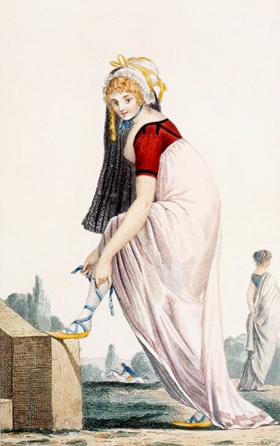 Młoda dama w letnim stroju w stylu greckim, 1700, ilustracja z „Modes et Manieres du Jour a Paris” autorstwa Philibert Louis Debucourt