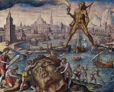 Sept merveilles du monde : ""Le colosse de Rhodes"" (Colosso di Rodi) - Kolos Rodyjski (z serii ""Ósme cuda świata"") Według Maartena van Heemskercka - Galle, Philipp (1537-1612) ) - 1572 - Akwaforta, akwarela - Bibliotheque muni autorstwa Philip (after) Galle