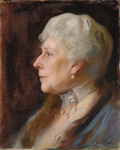 Portret księżnej Henryka z Battenberg z domu księżnej Beatrycze Wielkiej Brytanii, z profilu po lewej stronie, noszącej choker i wiszące kolczyki autorstwa Philip Alexius de Laszlo