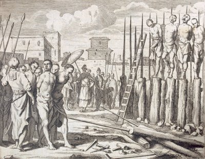Przebicie niektórych buntowników”, Kara: masakra na palu, wyd. 1672. autorstwa Philip Baldaeus