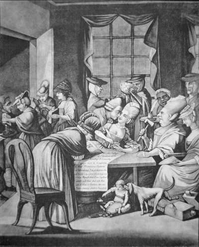 Patriotyczne damy z Edenton w Południowej Karolinie podpisują zobowiązanie „Nie pić więcej herbaty ani nie nosić więcej brytyjskich ubrań” (litografia) autorstwa Philip Dawe