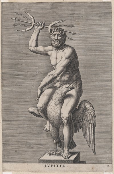 Ilustracja 2: Jowisz, posąg nagiego boga siedzącego na orle, trzymającego podwójny trójząb, od..., 1586. autorstwa Philip Galle