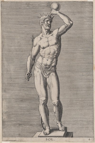 Ilustracja 4: Apollo, posąg nagiego boga stojącego na cokole, noszącego koronę i trzymającego..., 1586. autorstwa Philip Galle