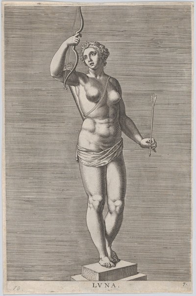 Ilustracja 7: Diana, posąg nagiej bogini stojącej na cokole, noszącej sierp księżyca w..., 1586. autorstwa Philip Galle