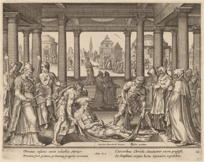 Pobożni mężczyźni niosący św. Szczepana na jego pogrzeb autorstwa Philip Galle after Maerten van Heemskerck