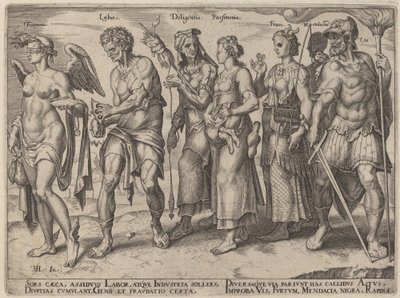 Szczęście, praca, pracowitość, oszczędność, oszustwo (uczciwe i nieuczciwe sposoby na wzbogacenie się) autorstwa Philip Galle, after Maerten van Heemskerck