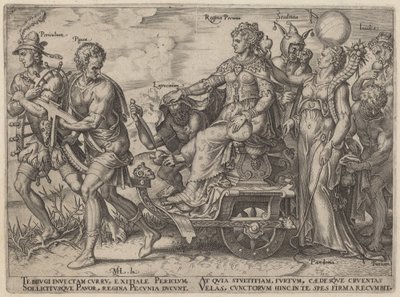 Niebezpieczeństwo, bieda, rabunek, królowa pieniędzy, szaleństwo, zawiść (zagrożenia i wady towarzyszące bogactwu) autorstwa Philip Galle, after Maerten van Heemskerck