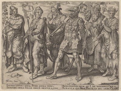 Pythius, Lucullus, Krassus, Sylla, Krezus, Midas (Słynne przykłady bogactwa od starożytności) autorstwa Philip Galle, after Maerten van Heemskerck