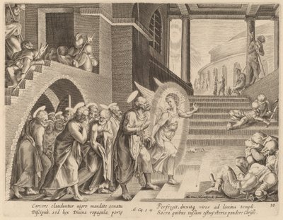 Apostołowie uwolnieni z więzienia przez anioła autorstwa Philip Galle after Maerten van Heemskerck